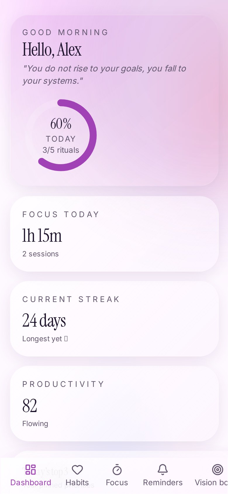 Bloomly today dashboard on mobile with bottom navigation